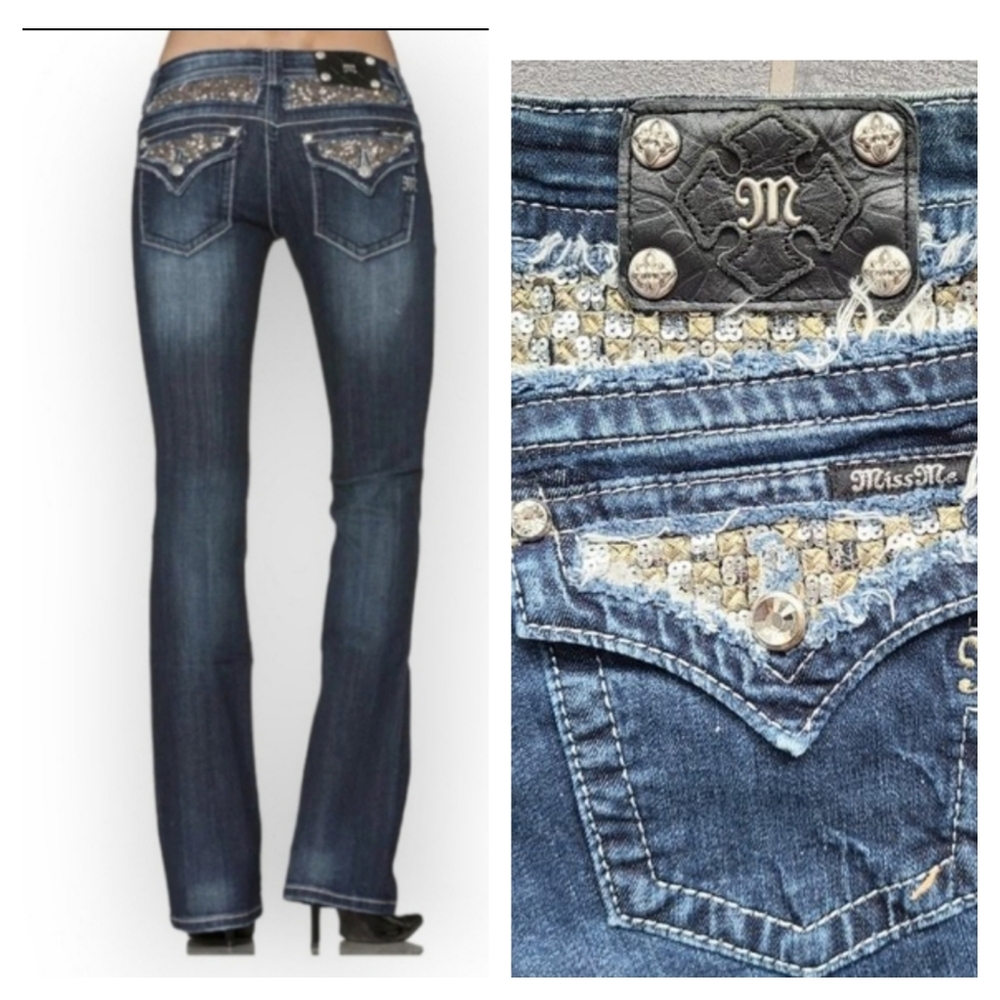 Miss Me Signature Rise Boot Cut Blue Jeans Sequin Western Embroidered Denim 27